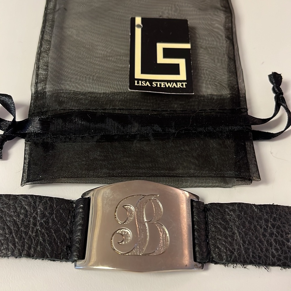 Lisa Stewart Adjustable Soft Black Leather Rhodium Monogram cuff bracelet - B